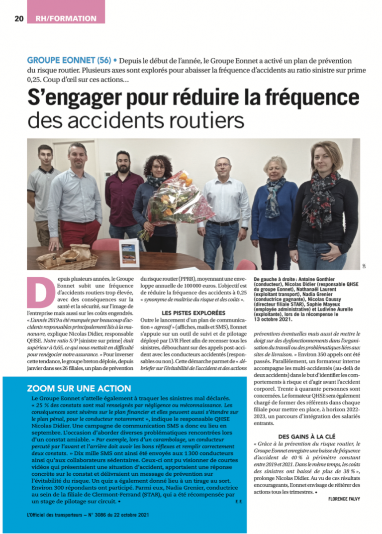 Le Groupe Eonnet agit pour réduire la fréquence d’accidents routiers